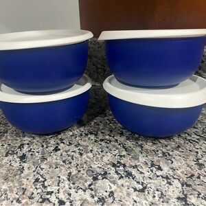 Tupperware set of 4 Blue Bowls with White Lids